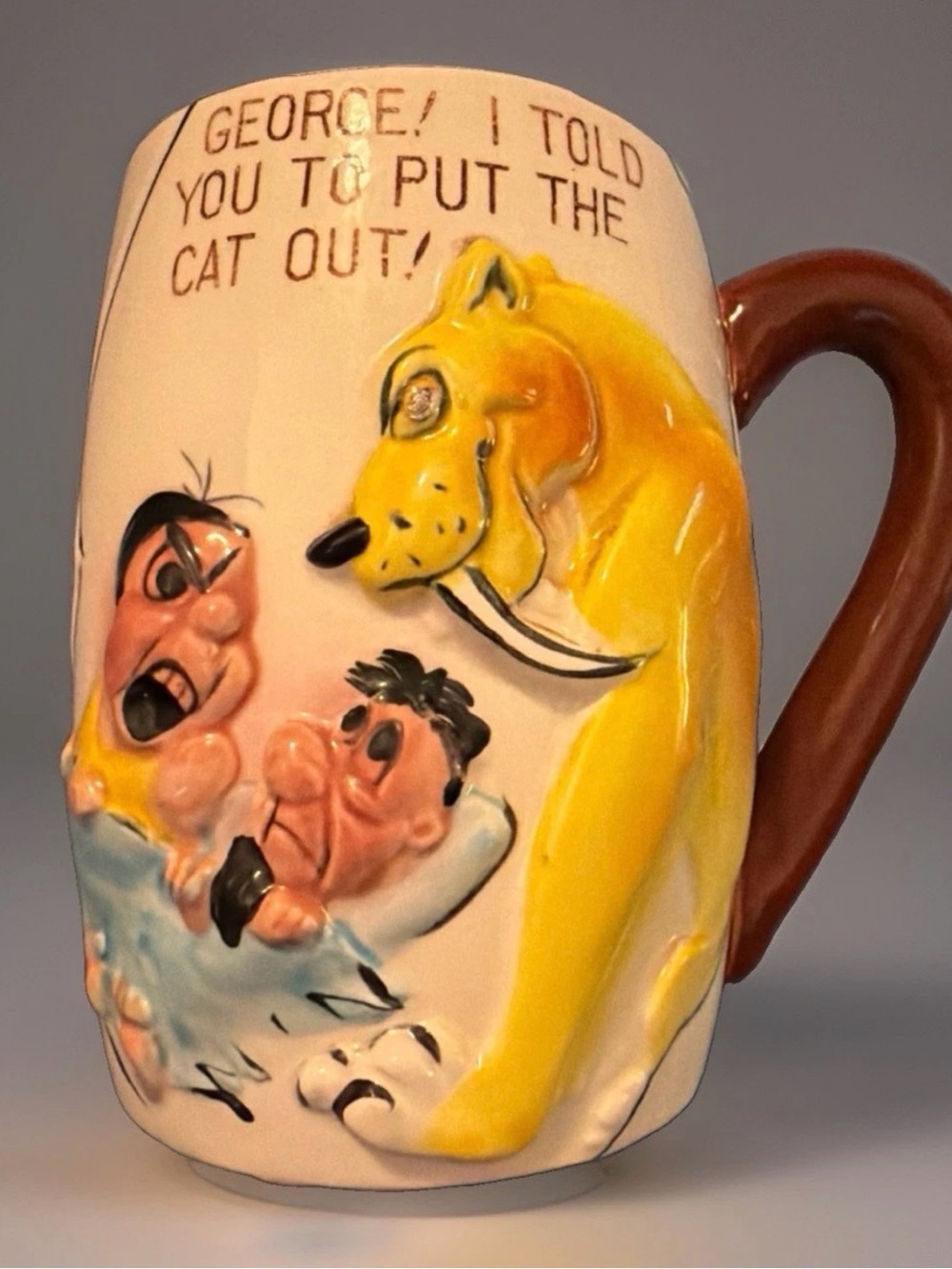 Rare 1960’s “George! I Told You To Put The Cat Out” Ceramic Mug Kreiss & Co.